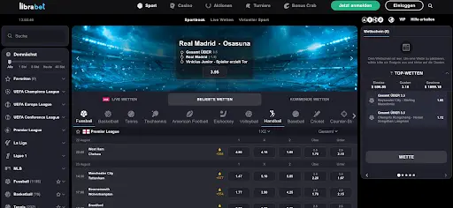 Sportwetten Oberfläche bei Librabet mit Live-Wetten und Premier League Spielen