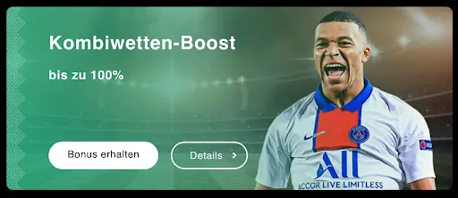 Kombiwetten-Boost bis zu 100% mit Fußballspieler im Stadion