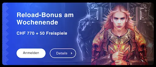 Reload-Bonus am Wochenende CHF 770 + 50 Freispiele mit Fantasy-Krieger in goldener Rüstung