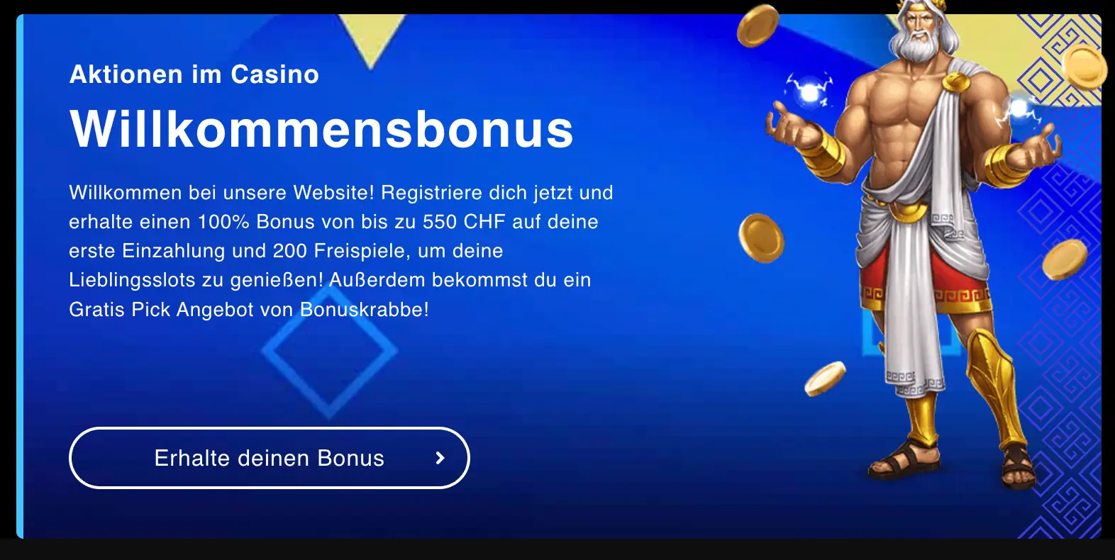 Willkommensbonus im Casino – 100% bis zu CHF 550 + 200 Freispiele + Bonuskrabbe