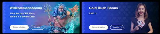 Willkommensbonus 100% bis zu CHF 550 mit 200 Freispielen und Bonus Crab, daneben Gold Rush Bonus CHF 11 mit Kartenspiel-Motiv