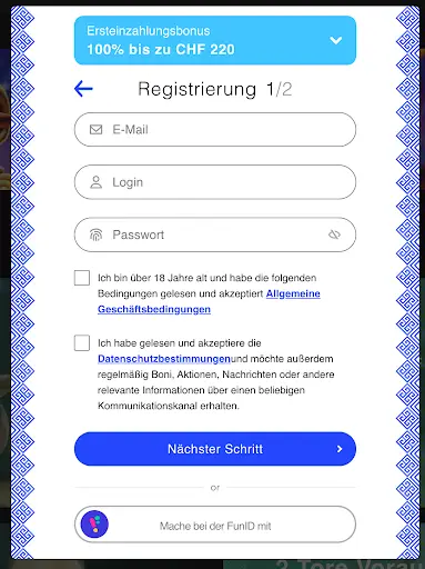 Registrierungsformular Schritt 1 – Eingabe von E-Mail, Login, Passwort mit Ersteinzahlungsbonus 100% bis zu CHF 220